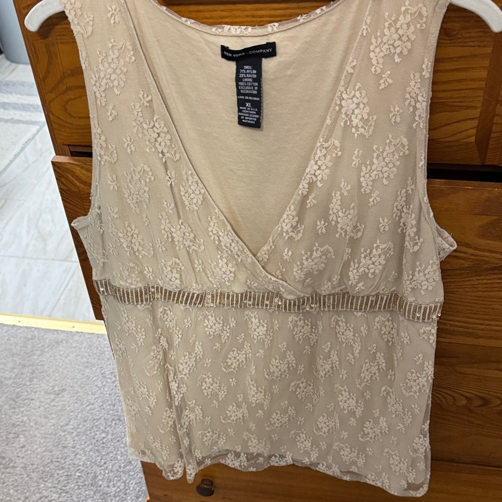 New York & Company Cream Embroidered V-Neck Beaded Camisole